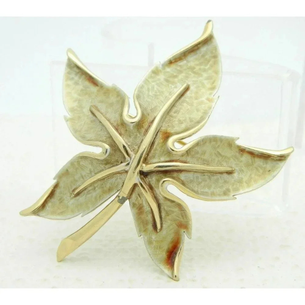VTG KRAMER Gold Tone Yellow Brown Enamel Leaf Pin Brooch